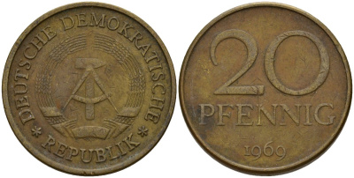 ГДР 20 пфеннигов 1969 A, первый год KM 11 латунь 92-735