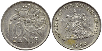 Тринидад и Тобаго 10 центов 1980 цветок гибискуса KM 31 медно-никель 4396-912