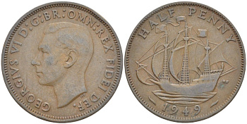 Великобритания 1/2 пенни 1949 Георг VI (1936-1952) KM 868, Spink 4118 бронза 83-1837