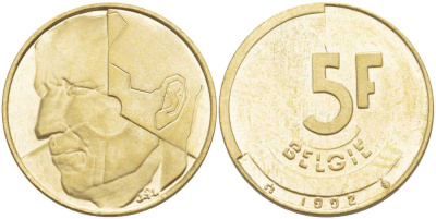 БЕЛЬГИЯ 5 ФРАНКОВ 1992 BELGIE, БОДУЭН I (1951-1993) KM 164 латунь или алюминиевая бронза 4364-1734