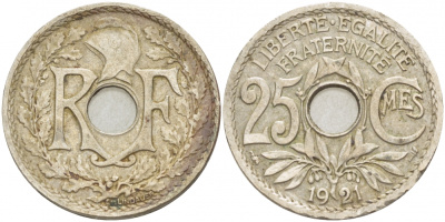 ФРАНЦИЯ 25 САНТИМОВ 1921 KM 867а медно-никель 4402-1214