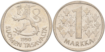 ФИНЛЯНДИЯ 1 МАРКА 1990 M KM 49а медно-никель 4556-846