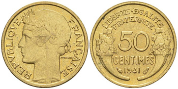 ФРАНЦИЯ 50 САНТИМОВ 1941 ТИП MORLON KM 894.1, LE FRANC 192.18 алюминиевая бронза 44-466