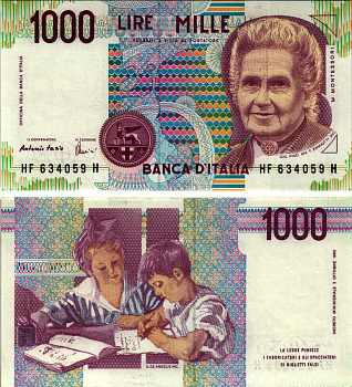 Италия 1000 лир 1990 Мария Монтессори Pick 114с бумага UNC (пресс) 7183-26-1-2