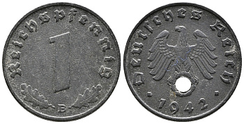 ГЕРМАНИЯ 1 РЕЙХСПФЕННИГ 1942 B KM 97, J. 369 цинк 39-1216