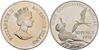 Остров Вознесения 50 пенсов 1998 всемирный фонд дикой природы - Фрегат KM 9 медно-никель BUNC 00-00