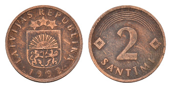 Латвия 2 сантима 1992 KM 21 сталь плакированная медью 105-463