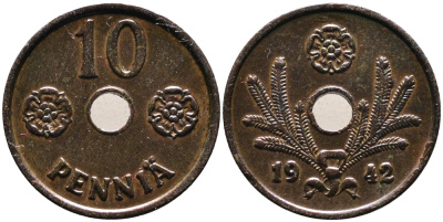 ФИНЛЯНДИЯ 10 ПЕННИ 1942 KM 33.1 медь 4387-439