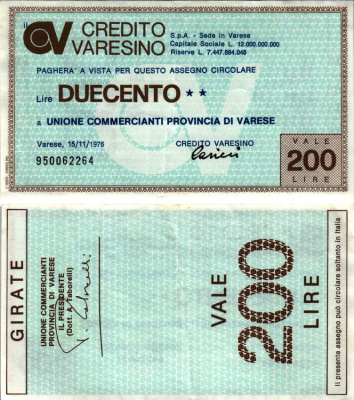 Италия чек на 200 лир 1976 15 ноября 1976, credito varesino бумага 7218-14-2-1
