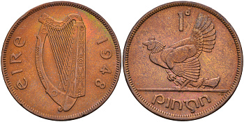 Ирландия 1 пенни 1948 курица с цыплятами KM 11 бронза 4367-1222