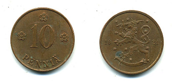 Финляндия 10 пенни 1921 республика (1918-1962) KM 24 медь 46-228