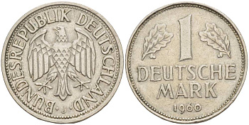 ФРГ 1 МАРКА 1960 J KM 110, J. 385 медно-никель 4551-1242