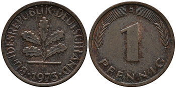 ФРГ 1 пфенниг 1973 D KM 105, J.380 сталь плакированная медью 99-331