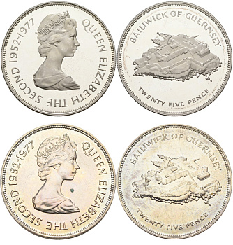 Гернси набор из 2 монет по 25 пенсов 1977 25 лет правления Елизаветы II, в буклете KM 31, 31а серебро, медно-никель PROOF, UNC 7-5-1-16