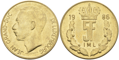 Люксембург 5 франков 1986 Великий герцог Жан (1964-1999) KM 60.1 латунь 63-724
