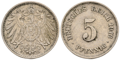 Германия 5 пфеннигов 1913 F, KM 11, J. 12 медно-никель 220-719