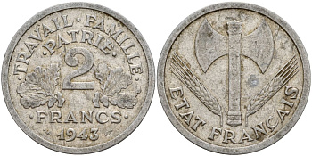 Франция 2 франка 1943 Правительство Виши KM 904.1 алюминий 4150-841