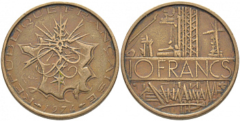 Франция 10 франков 1974 тип Матье KM 940, Le Franc 365.3-4 никель латунь 110-1031