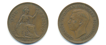 Великобритания 1 пенни 1945 Георг VI (1936-1952) KM 845, Spink 4114 бронза 89-223