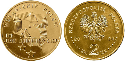 Польша 2 злотых 2004 MW, вступление Польши в Европейский союз KM 481 нордик UNC 4676-125