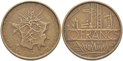 Франция 10 франков 1974 тип Матье KM 940, Le Franc 365.3-4 никель латунь 110-1031