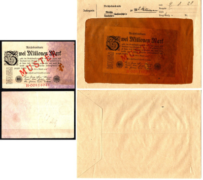 Германия 2000000 марок 1923 фиолетовый, 9 августа, MUSTER, образец, Specimen. В оригинальном банковском конверте. Из коллекции Отто Сейфферта (помощник Ялмара Шахта - министра экономики Германии и президента Рейхсбанка времен третьего рейха) Pick 103 s, G