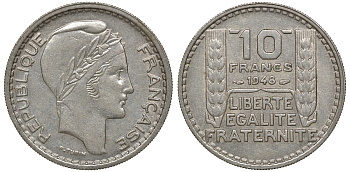 Франция 10 франков 1948 тип Пьер Турин KM 909.1, Le Franc 362.3 медно-никель 4162-116
