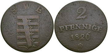 Саксен-Веймар-Эйзенах 2 пфеннига 1826 S.W.E., Карл Август (1758-1809-1828) KM 63, Jaeger 521 a, AKS 14, Koppe 616 медь    65-542