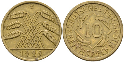 Германия 10 рейхспфеннигов 1929 G KM 40 J. 317 алюминиевая бронза    4153-256
