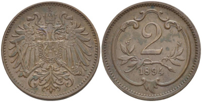 АВСТРИЯ 2 ГЕЛЛЕРА 1894 ФРАНЦ ИОСИФ (1846-1918) KM 2801 бронза 4551-1046