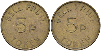 Англия игровой жетон ND 5 пенсов, BELL FRUIT, диаметр 22,92 мм., токен латунь 4584-854