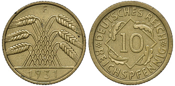 ГЕРМАНИЯ 10 РЕЙХСПФЕННИГОВ 1931 F цена по каталогу МТ 45 евро J. 317, KM 40 алюминиевая бронза 72-1725