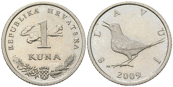 Хорватия 1 куна 2009 западный соловей, легенда на хорватском KM 9.1 медь цинк никель aUNC 4448-941