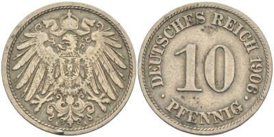 ГЕРМАНИЯ 10 ПФЕННИГОВ 1906 A KM 12, J. 13 медно-никель 34-746