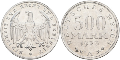 Германия 500 марок 1923 А KM 36, J.305 алюминий UNC 4587-414