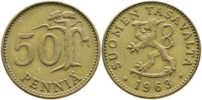 ФИНЛЯНДИЯ 50 ПЕННИ 1963 S KM 48 алюминиевая бронза 4364-2553