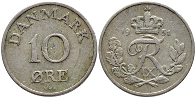 Дания 10 эре 1951 N; S, Фредерик IX (1947-1972) KM 841 медно-никель 4398-914