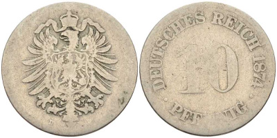 ГЕРМАНИЯ 10 ПФЕННИГОВ 1874 D, СТАРОГЕРБОВКА KM 4, J. 4 медно-никель 4401-233