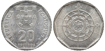 Португалия 20 эскудо 1986 KM 634 медно-никель 4142-1235