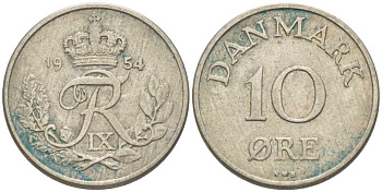 ДАНИЯ 10 ЭРЕ 1954 N; S, ФРЕДЕРИК IX (1947-1972) KM 841.1 медно-никель 4387-659