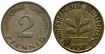 ФРГ 2 пфеннига 1950 J KM 106 бронза 4173-1136