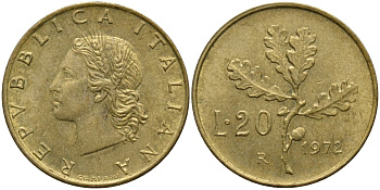 Италия 20 лир 1972 R, дубовая ветвь KM 97.2 алюминиевая бронза 4171-912
