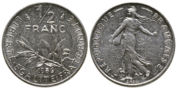 Франция 1/2 франка 1986 сеятель KM 931.1, Le Franc 198.25 никель 93-1427