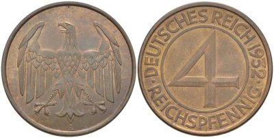 ГЕРМАНИЯ 4 РЕЙХСПФЕННИГА 1932 A, ВЕЙМАРСКАЯ РЕСПУБЛИКА KM 75, J.315, Weege 5 медь 202-232