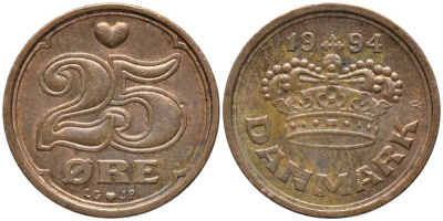 ДАНИЯ 25 ЭРЕ 1994 LG; JP; A, МАРГРЕТЕ II (1972-) KM 868.1 бронза 112-768