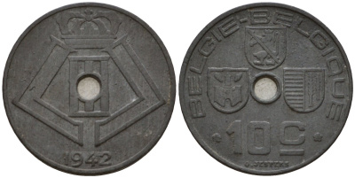 Бельгия 10 сантимов 1942 Belgie - Belgique KM 126 цинк 99-1118