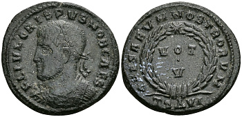 Римская Империя нуммий 320 - 321 Крисп в ранге цезаря VOT V Фессалоника Good Very fine (C3) RIC 125 бронза 1073-3-5-7