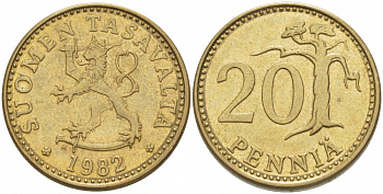 ФИНЛЯНДИЯ 20 ПЕННИ 1982 K KM 47 алюминиевая бронза 3718-523