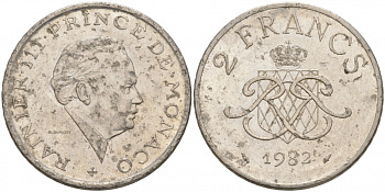 Монако 2 франка 1982 Ренье III (1949-2005) KM 157 никель 73-1647