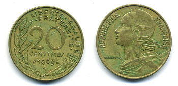 ФРАНЦИЯ 20 САНТИМОВ 1969 KM 930 медь алюминий никель 84-1444